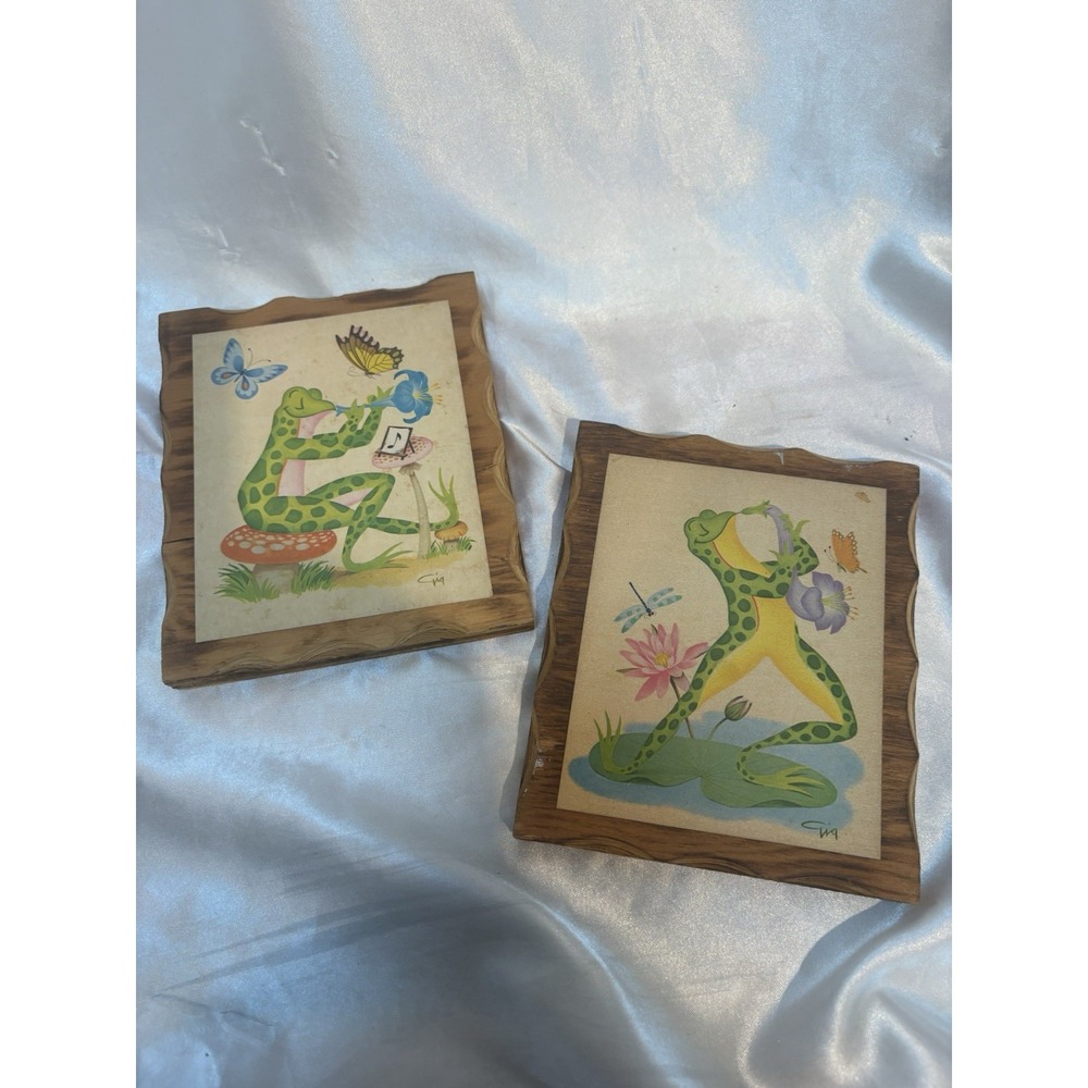 Vintage Whimsical Frogs print on wood playing instruments mushrooms signed